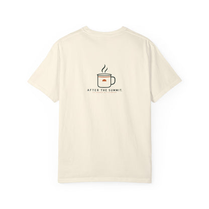 Ivory After the Summit Camp Mug Tee, back view with compact mug-and-steam graphic; illustrative product mockup.