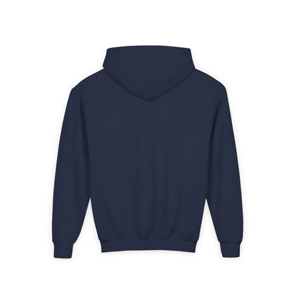 Back view of the Navy Colorado Mountain Youth Hoodie, showing its clean back and hood.