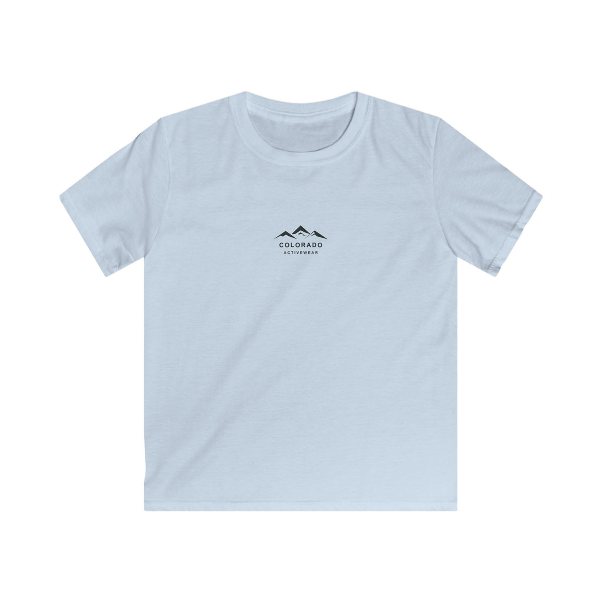 Front view of the Light Blue Colorado Adventure Compass Youth Tee, showing the original mountain logo.