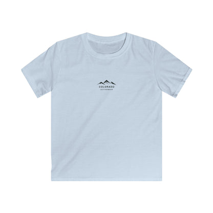 Front view of the Light Blue Colorado Adventure Compass Youth Tee, showing the original mountain logo.