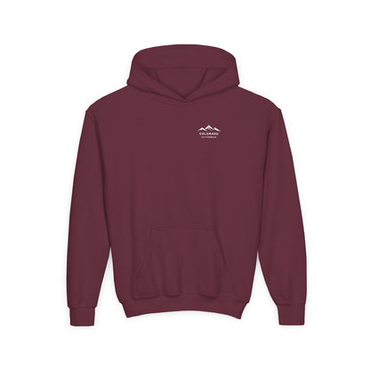 Front view of the Maroon Colorado Mountain Youth Hoodie, with a small white mountain chest logo and kangaroo pocket.