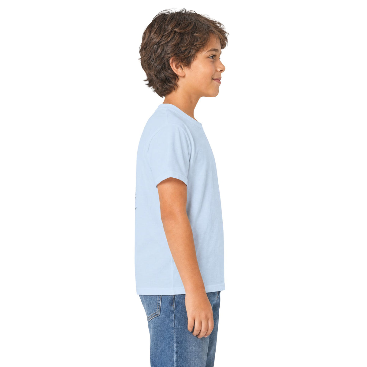 Supplier product mockup showing a child wearing the Light Blue Colorado Adventure Compass Youth Tee in a side view.