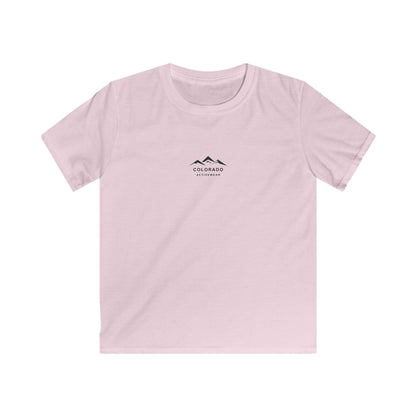 Front view of the Light Pink Colorado Adventure Compass Youth Tee, showing the original mountain logo.