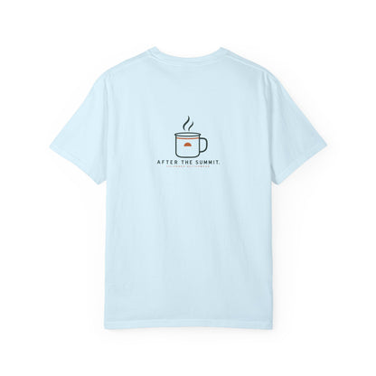 Chambray After the Summit Camp Mug Tee, back view with compact mug-and-steam graphic; illustrative product mockup.