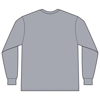 Back view of the Heather Gray Colorado Mountain Waffle Long Sleeve; the back is plain.