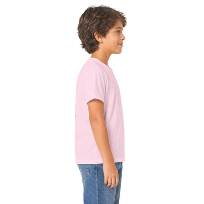 Supplier product mockup showing a child wearing the Light Pink Colorado Adventure Compass Youth Tee in a side view.