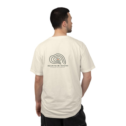 Ivory Mountain Hours Contour Tee shown on a man, back contour-line graphic; illustrative styling mockup.