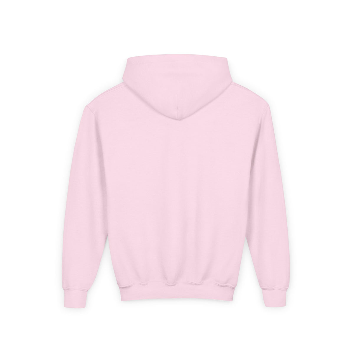 Back view of the Light Pink Colorado Mountain Youth Hoodie, showing its clean back and hood.