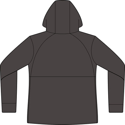 Back view of the Graphite Women’s Mountain Hooded Softshell Jacket with a plain back and hood.