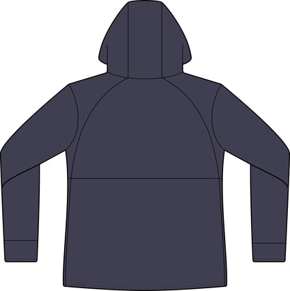 Back view of the True Navy Women’s Mountain Hooded Softshell Jacket with a plain back and hood.