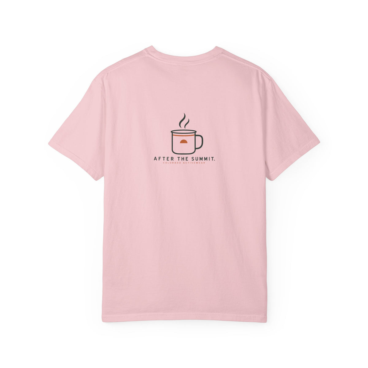 Blossom After the Summit Camp Mug Tee, back view with compact two-color mug-and-steam graphic; illustrative product mockup.