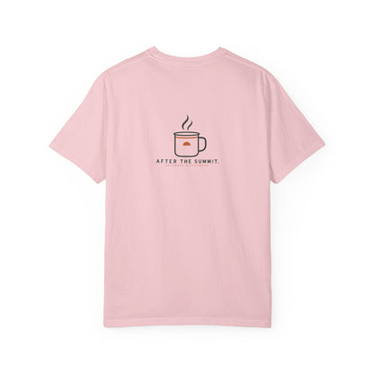 Blossom After the Summit Camp Mug Tee, back view with compact two-color mug-and-steam graphic; illustrative product mockup.