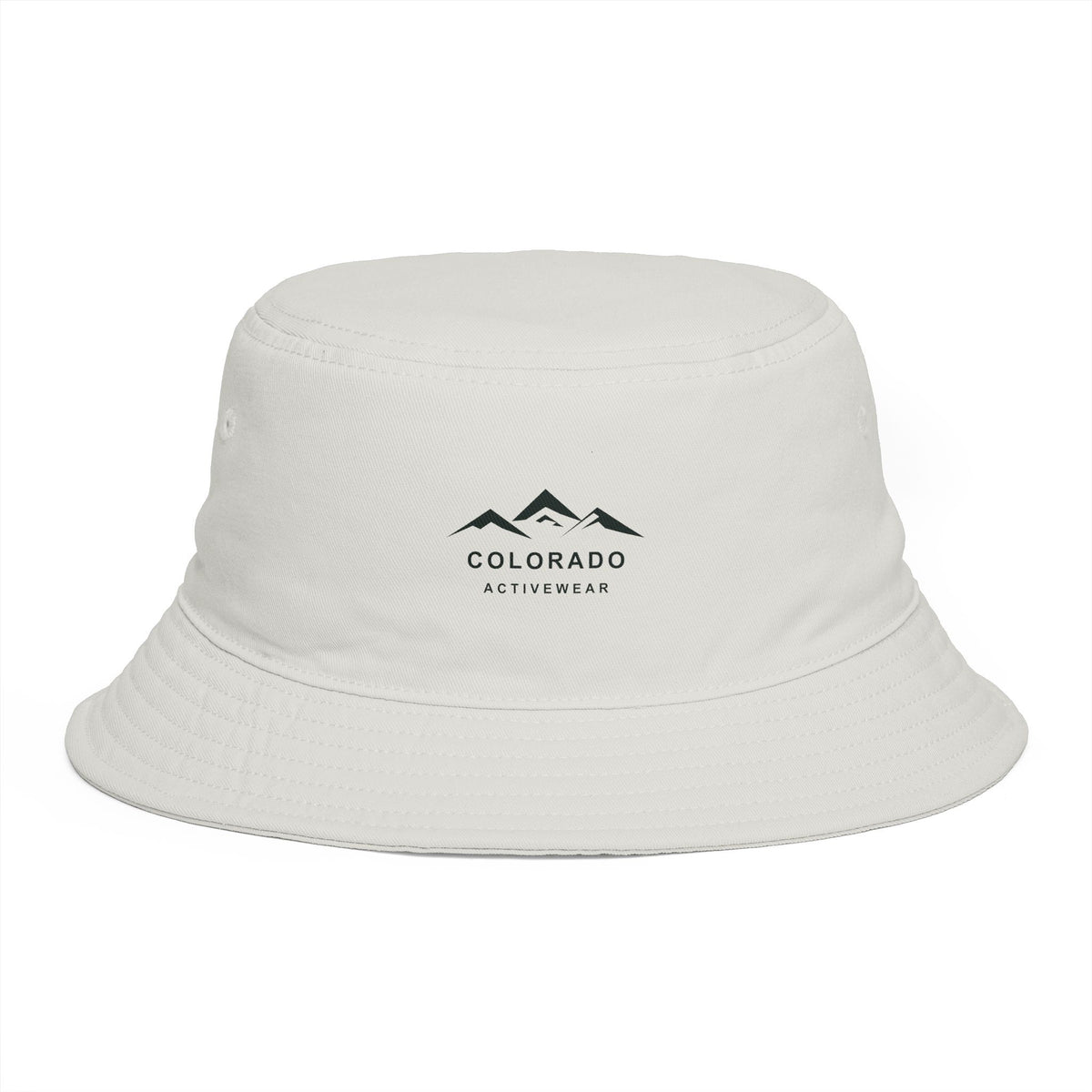 Front view of the Ecru Colorado Mountain Everyday Bucket Hat, showing the small dark printed mountain logo and reinforced brim.