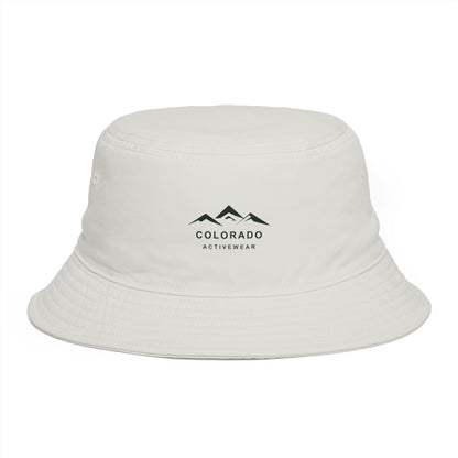 Front view of the Ecru Colorado Mountain Everyday Bucket Hat, showing the small dark printed mountain logo and reinforced brim.
