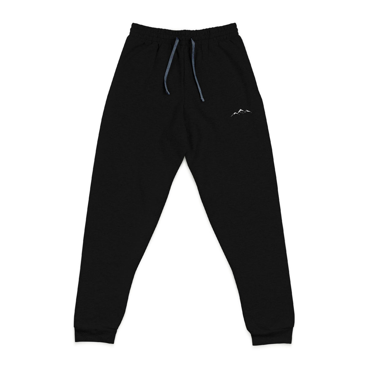 Front view of the Black Colorado Mountain Embroidered Joggers, showing the drawcord, small white mountain logo on the left thigh and cuffed ankles.