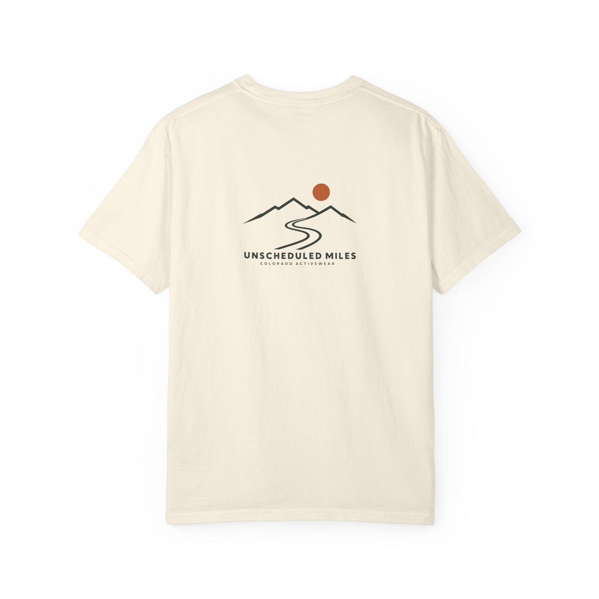 Back view of the Ivory Unscheduled Miles Road Tee with its compact ridge, winding road and orange sun graphic.