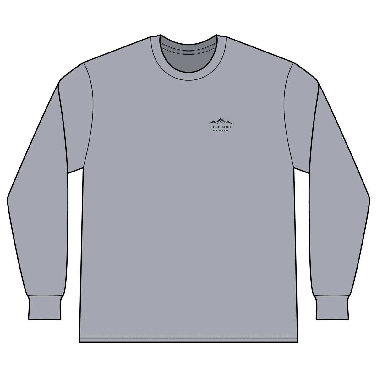 Front view of the Heather Gray Colorado Mountain Waffle Long Sleeve with its small dark left-chest mountain logo.