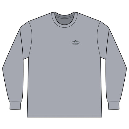 Front view of the Heather Gray Colorado Mountain Waffle Long Sleeve with its small dark left-chest mountain logo.