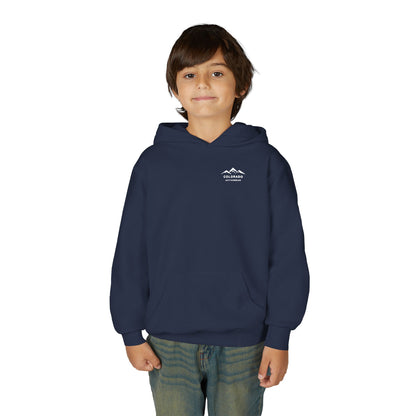 Supplier product mockup showing a child wearing the Navy Colorado Mountain Youth Hoodie, with a small white mountain chest logo.