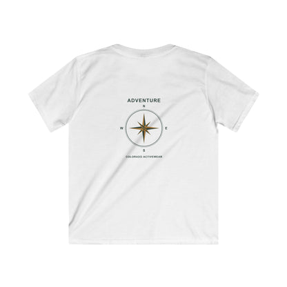 Back view of the White Colorado Adventure Compass Youth Tee, showing the forest-green and gold compass graphic.