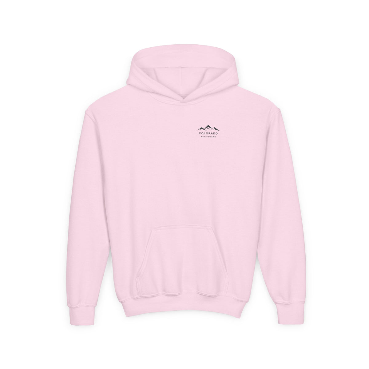 Front view of the Light Pink Colorado Mountain Youth Hoodie, with a small dark mountain chest logo and kangaroo pocket.