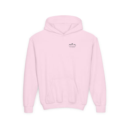 Front view of the Light Pink Colorado Mountain Youth Hoodie, with a small dark mountain chest logo and kangaroo pocket.