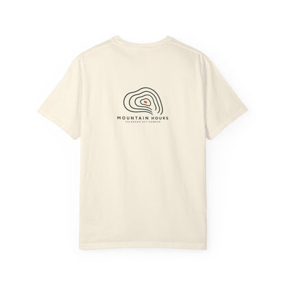 Ivory Mountain Hours Contour Tee, back view with compact contour-line graphic; illustrative product mockup.