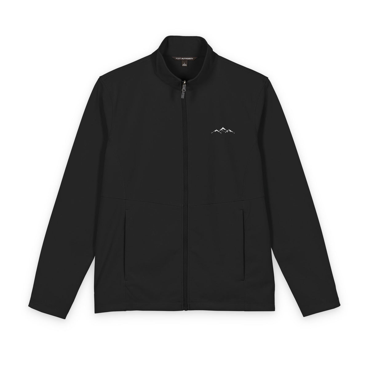 Front view of the Deep Black Men’s Mountain Softshell Jacket, showing its stand collar, full zip and small white embroidered mountain logo on the left chest.