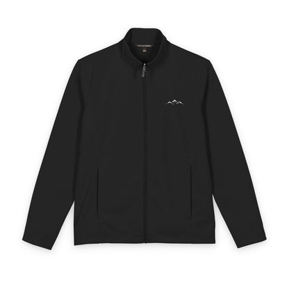Front view of the Deep Black Men’s Mountain Softshell Jacket, showing its stand collar, full zip and small white embroidered mountain logo on the left chest.