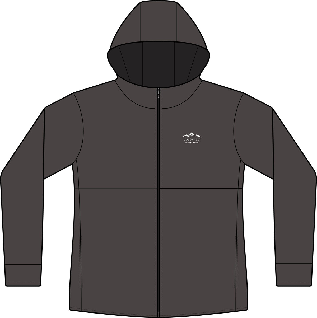 Front view of the Graphite Women’s Mountain Hooded Softshell Jacket with its small white left-chest mountain logo.