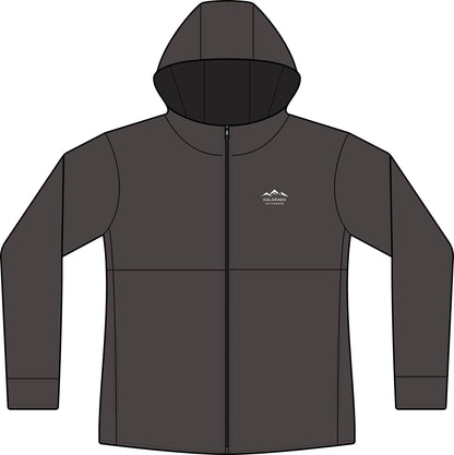 Front view of the Graphite Women’s Mountain Hooded Softshell Jacket with its small white left-chest mountain logo.