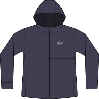 Front view of the True Navy Women’s Mountain Hooded Softshell Jacket with its small white left-chest mountain logo.