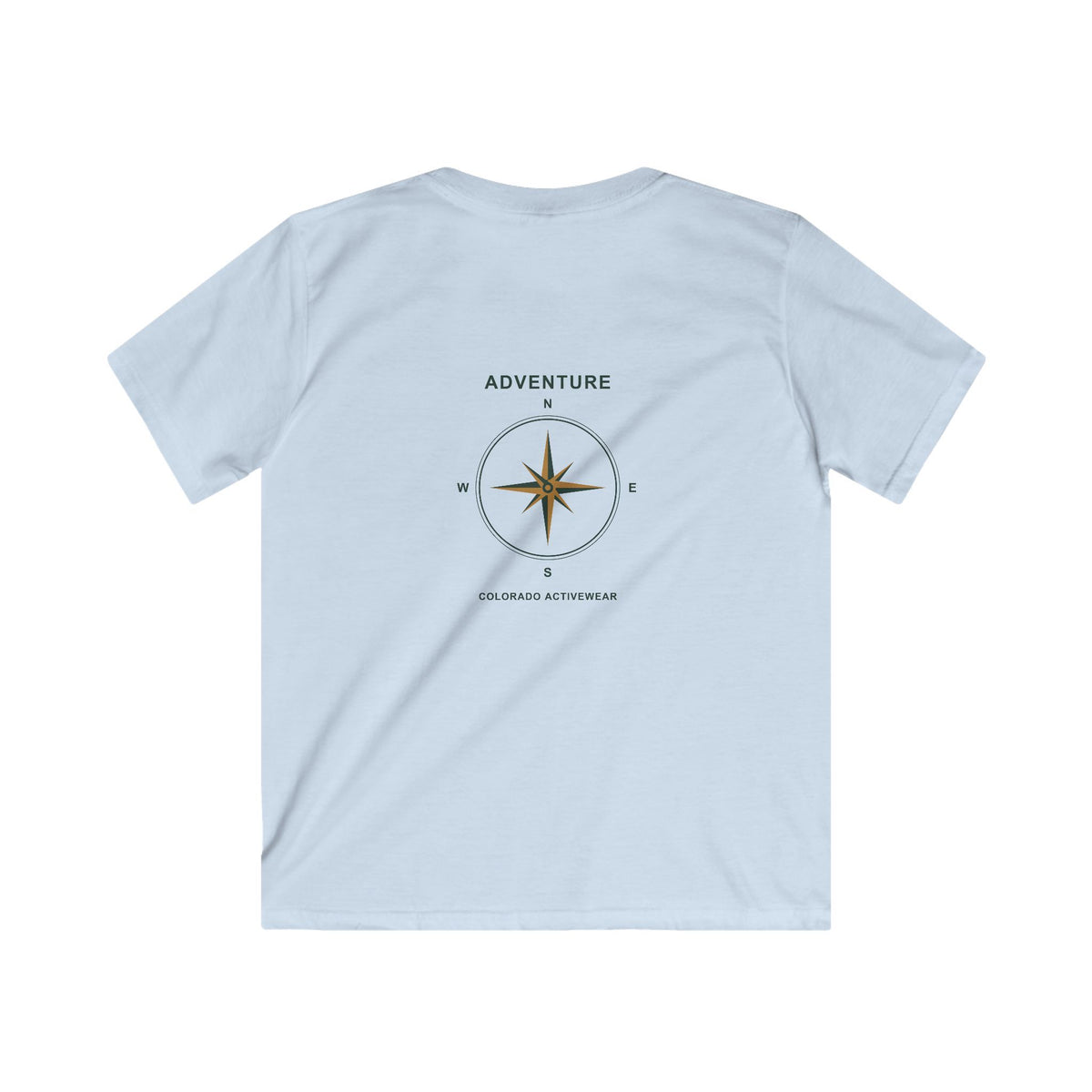 Back view of the Light Blue Colorado Adventure Compass Youth Tee, showing the forest-green and gold compass graphic.