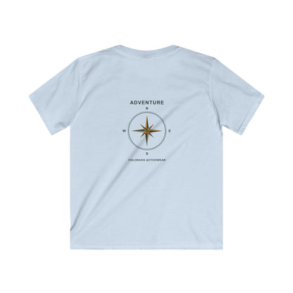 Back view of the Light Blue Colorado Adventure Compass Youth Tee, showing the forest-green and gold compass graphic.