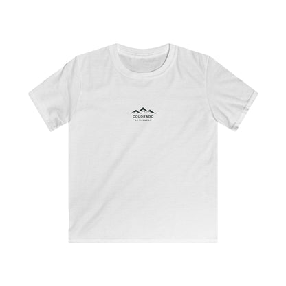 Front view of the White Colorado Adventure Compass Youth Tee, showing the original mountain logo.