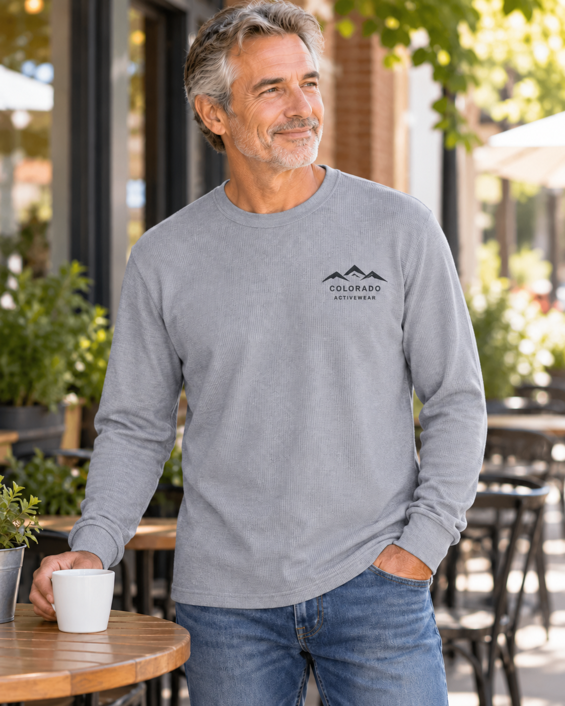 Illustrative lifestyle mockup: man wearing the Heather Gray Colorado Mountain Waffle Long Sleeve at an outdoor cafe, showing its small dark left-chest mountain logo.