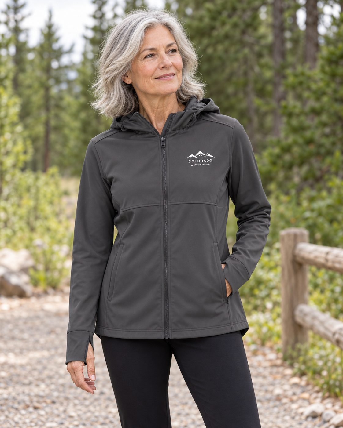 Illustrative lifestyle mockup: woman wearing the Graphite Women’s Mountain Hooded Softshell Jacket at a wooded trailhead, showing its small white left-chest mountain logo.