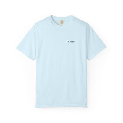 Front view of the Chambray Unscheduled Miles Road Tee with a small Colorado Activewear chest wordmark.