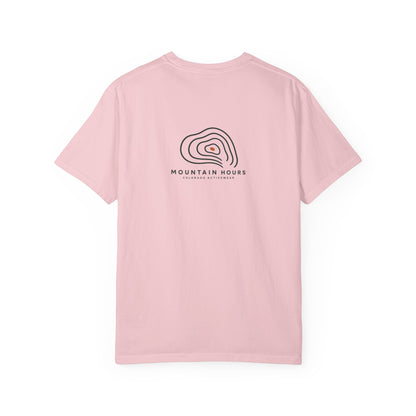 Blossom Mountain Hours Contour Tee, back view with compact contour-line graphic; illustrative product mockup.