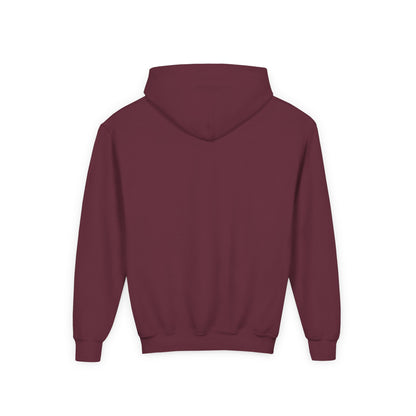 Back view of the Maroon Colorado Mountain Youth Hoodie, showing its clean back and hood.