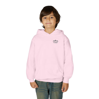 Supplier product mockup showing a child wearing the Light Pink Colorado Mountain Youth Hoodie, with a small dark mountain chest logo.