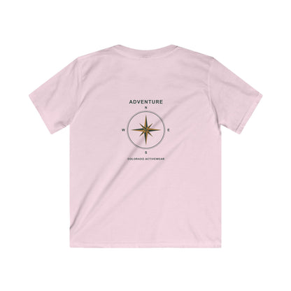 Back view of the Light Pink Colorado Adventure Compass Youth Tee, showing the forest-green and gold compass graphic.