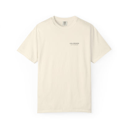 Ivory Mountain Hours Contour Tee, front view with small Colorado Activewear chest signature; illustrative product mockup.