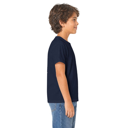 Supplier product mockup showing a child wearing the Navy Colorado Adventure Compass Youth Tee in a side view.