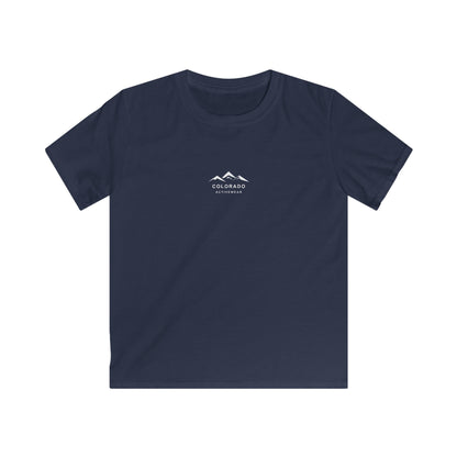 Front view of the Navy Colorado Adventure Compass Youth Tee, showing the original mountain logo.