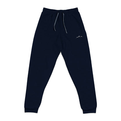 Front view of the J. Navy Colorado Mountain Embroidered Joggers, showing the drawcord, small white mountain logo on the left thigh and cuffed ankles.