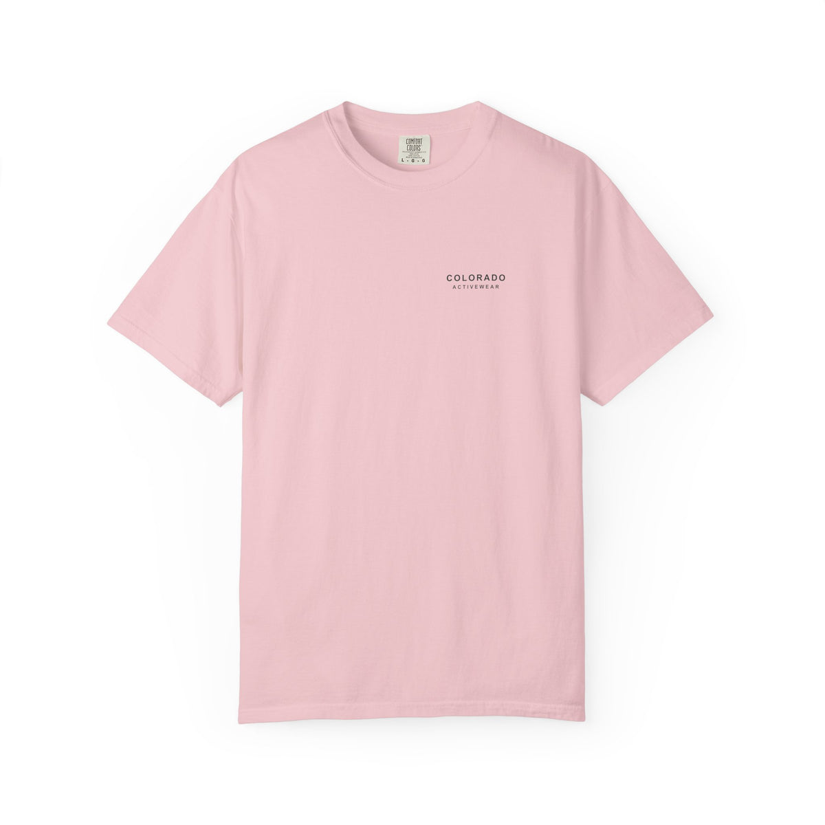 Blossom After the Summit Camp Mug Tee, front view with small Colorado Activewear chest signature; illustrative product mockup.