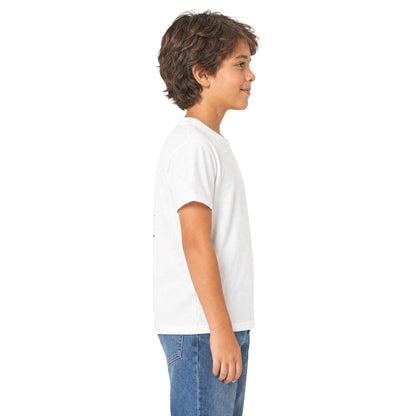 Supplier product mockup showing a child wearing the White Colorado Adventure Compass Youth Tee in a side view.