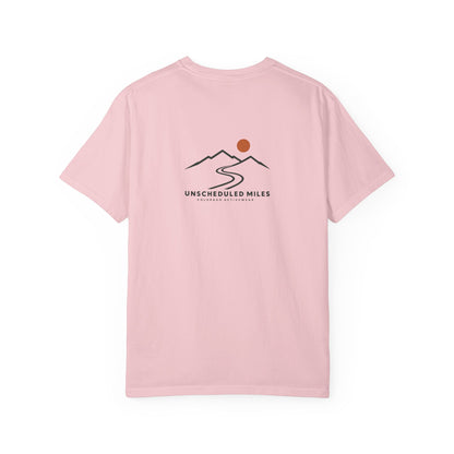 Back view of the Blossom Unscheduled Miles Road Tee with its compact ridge, winding road and orange sun graphic.