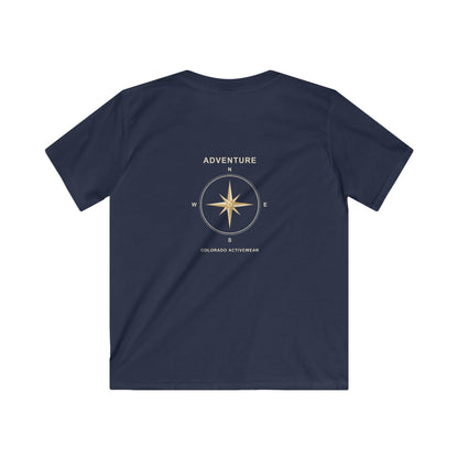 Back view of the Navy Colorado Adventure Compass Youth Tee, showing the cream and gold compass graphic.